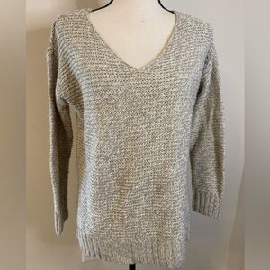RD Style tan knit V neck sweater ribbed hem & cuff detail soft comfy casual SZ S